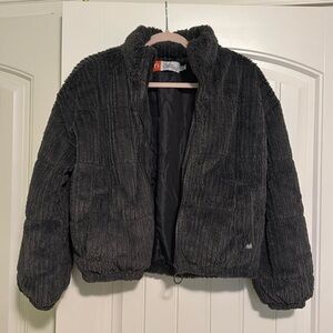 American outdoorsman gray faux fur bomber jacket